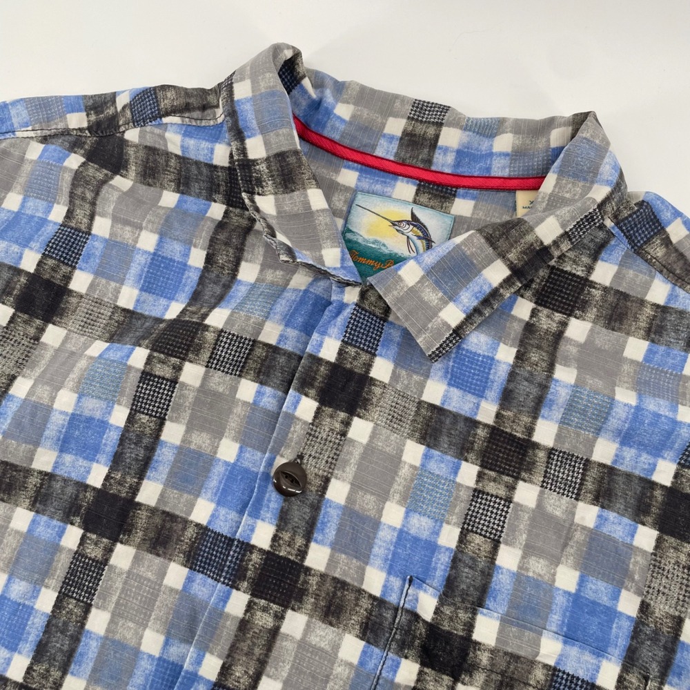Tommy Bahama Button Down Shirt Mens XL Blue Plaid Silk Cotton Island Modern Fit
